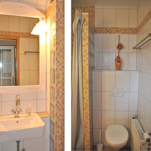 two pictures of a bathroom with a sink and a toilet at Ferienhaus Exner hinter dem Deich in Cuxhaven