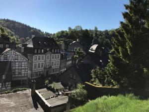 an aerial view of a town with buildings and trees at Eifelerhof hotel Monschau in Monschau