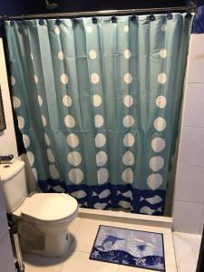 a bathroom with a green shower curtain and a toilet at Hibiscus House in San Andrés
