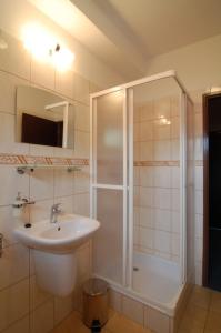 een badkamer met een douche en een wastafel bij Penzion Solisko in Zázrivá