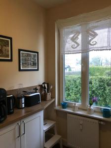 プレローにあるFerienwohnung Tiffanyの庭の景色を望む窓付きのキッチン