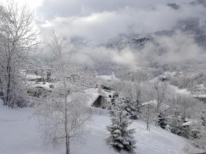 a snow covered mountain with trees and clouds in the background at Arpege Des Neiges in Sainte-Foy-Tarentaise