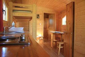 a kitchen with a sink in a wooden cabin at Roulottes de Bois le roi in Bois-le-Roi