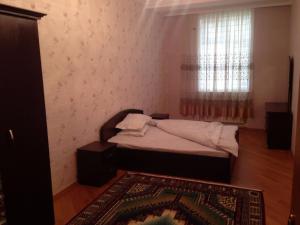 a bedroom with a bed and a window and a rug at Apartment at Jafar Khandan 200 in Baku