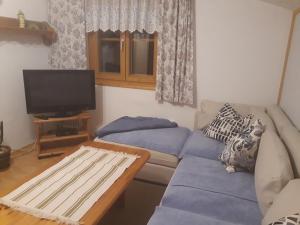 a living room with a blue couch and a tv at Ferienwohnung Waldhäusl in Sankt Martin bei Lofer