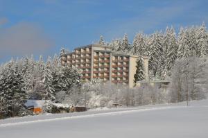 een hotel midden in een met sneeuw bedekt bos bij Haus Bayerwald in Neureichenau