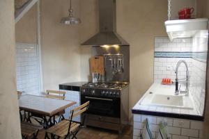 a kitchen with a stove and a sink and a table at l'Atelier de Saint-Just in Lyon