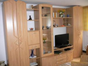 a large wooden book shelf with a television in it at Serene Apartment with Private Terrace in Wismar in Wismar