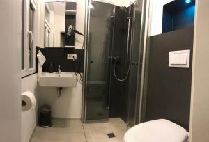 ein Bad mit einer Dusche, einem WC und einem Waschbecken in der Unterkunft Zur Fledermaus in Bacharach
