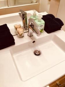 a bathroom sink with a faucet and two bottles of soap at Appartment Le Charme du Bourgeois in Nice