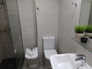 un baño con inodoro y lavabo en Apartamentos SNÖ Edelweiss, en Cerler