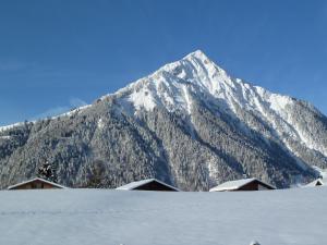 a snow covered mountain with houses in front of it at Hotel Restaurant Sunnmatt in Aeschi