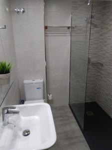 Un baño con inodoro y ducha de cristal. en Apartamentos SNÖ Edelweiss, en Cerler 16 fotos más