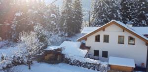 a house covered in snow with trees in the background at Ferienhaus Heidi in Piller