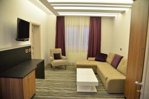伊萬尼察的住宿－Hotel Prezident，带沙发和电视的客厅