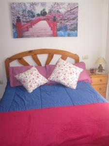uma cama com lençóis e almofadas rosa e azul em Estudio Casco Los Silos, cerca de Garachico em Los Silos