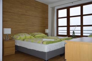 ペツ・ポト・スニェシュコウにあるApartmán v Srdci Hor Cihlářkaのベッドルーム1室(ベッド1台、大きな窓付)