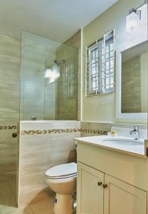 uma casa de banho com um WC, um lavatório e um espelho. em Shirley Retreat em Kingston