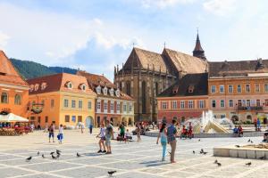 a group of people walking around a city with pigeons at Apartament Central Onix in Braşov