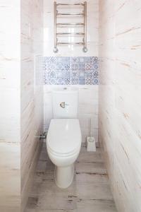 ein weißes WC im Bad mit blauen und weißen Fliesen in der Unterkunft Lovely apartment in the city center in Lwiw