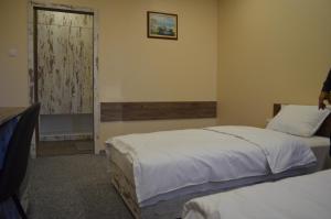 a hotel room with two beds and a window at Rio rooms (стаи за гости) in Shumen