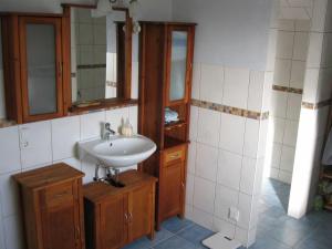 ein Badezimmer mit Waschbecken und Spiegel in der Unterkunft TOP Ferienwohnung Limburg "Am Bildstock" in Limburg an der Lahn + 21 Fotos