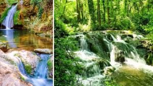 two pictures of a waterfall in a forest at Bungalows Rurales Incluida Piscina 2 Columnas in Córdoba