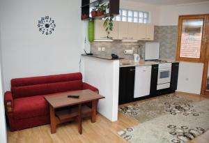 Il comprend un salon avec un canapé rouge et une cuisine. dans l'établissement Apartments Dino, à Sarajevo