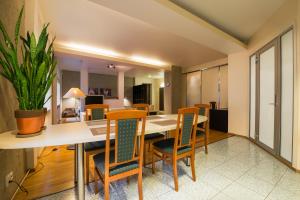 a dining room with a table and chairs and a plant at Large studio downtown in Tallinn