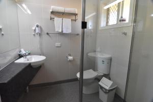 a bathroom with a toilet a sink and a shower at Mundubbera Billabong Motor Inn in Mundubbera