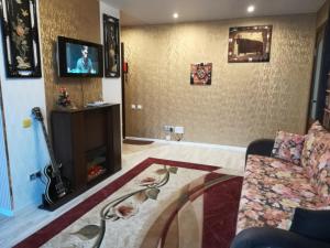 a living room with a couch and a fireplace at Apartment Haradsky Val 9 in Minsk