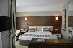アンカラにあるアルバ ホテルのベッドとデスクが備わるホテルルームです。