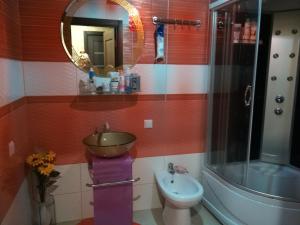 a bathroom with a sink and a toilet and a shower at Apartment Haradsky Val 9 in Minsk