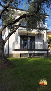 Casa blanca con balcón y árbol en La Chianarella, en Ascea