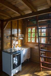 uma cozinha com um fogão numa cabina de madeira em Pousada Moradas do Moçambique em Florianópolis