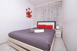 ワルシャワにあるワルシャワ ツェントラム アパルタメント ダニエラのベッドルーム1室(大型ベッド1台、赤い枕2つ付)