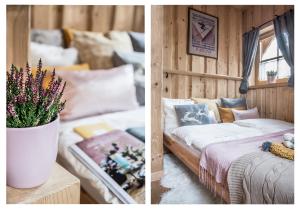 two pictures of a room with a couch and a vase of flowers at Klimkówka in Zakopane