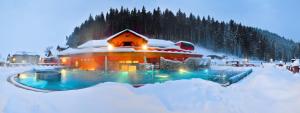 a snow covered house with a pool in the snow at Chalupa u Valiky in Podtureň