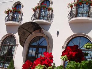 un edificio con ventanas con flores en los balcones en Casa Hora en Suceava