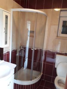 a shower in a bathroom with a toilet at Seaside apartment for 2 p in Trogir