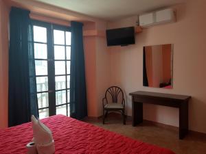 1 dormitorio con cama, escritorio y espejo en Hotel Plaza Centro Historico en Veracruz
