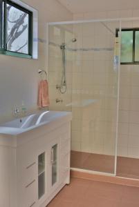 a bathroom with a sink and a glass shower at Parry Creek Farm Tourist Resort and Caravan Park in Wyndham