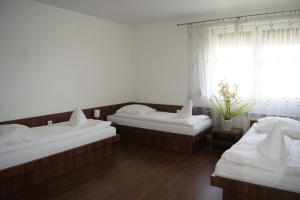 1 dormitorio con 2 camas y ventana en Uslugi hotelowe A1 en Lodz