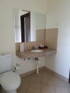 a bathroom with a toilet and a sink with a mirror at Ufulu Gardens Hotel in Lilongwe