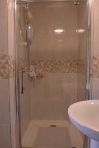 a shower with a glass door next to a sink at Teign Head Apartment in Newton Abbot