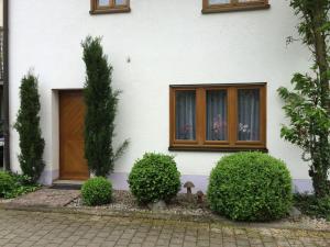フライブルク・イム・ブライスガウにあるFerienwohnung Riestererの木の扉と茂みのある白い家