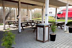 eine Gruppe von Picknicktischen unter einem Pavillon in der Unterkunft Nivå Camping & Cottages in Nivå