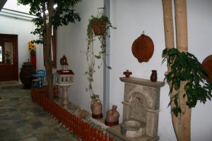 Habitación con chimenea y algunas plantas y jarrones. en Vlachakis Hotel, en Stalida