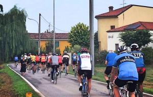 a group of people riding bikes down a road at B&B Nascondino in Goito