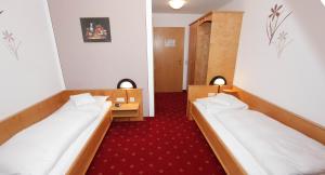 two beds in a room with red carpet at Hotel Krone in Niederstotzingen